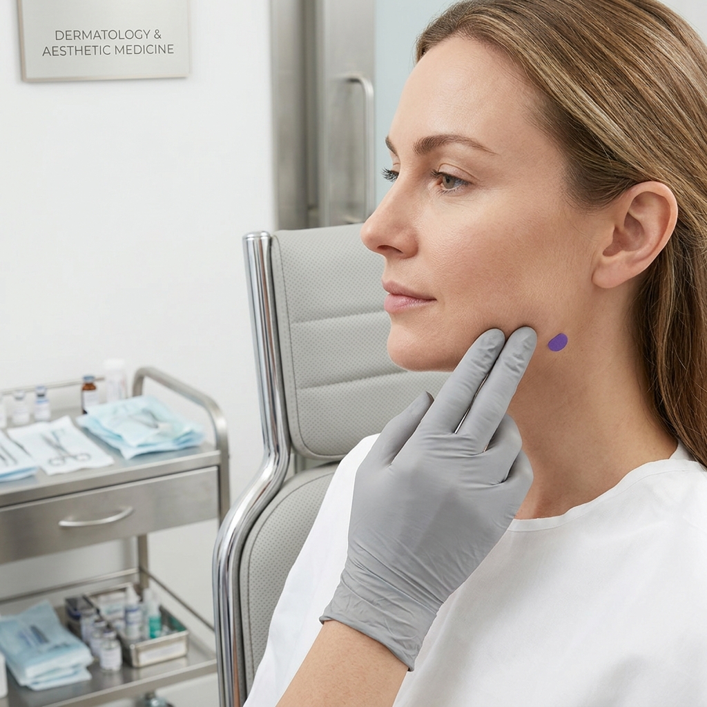 Marcarea medicală a zonei mușchiului maseter pregătită pentru injectarea terapeutică a toxinei botulinice