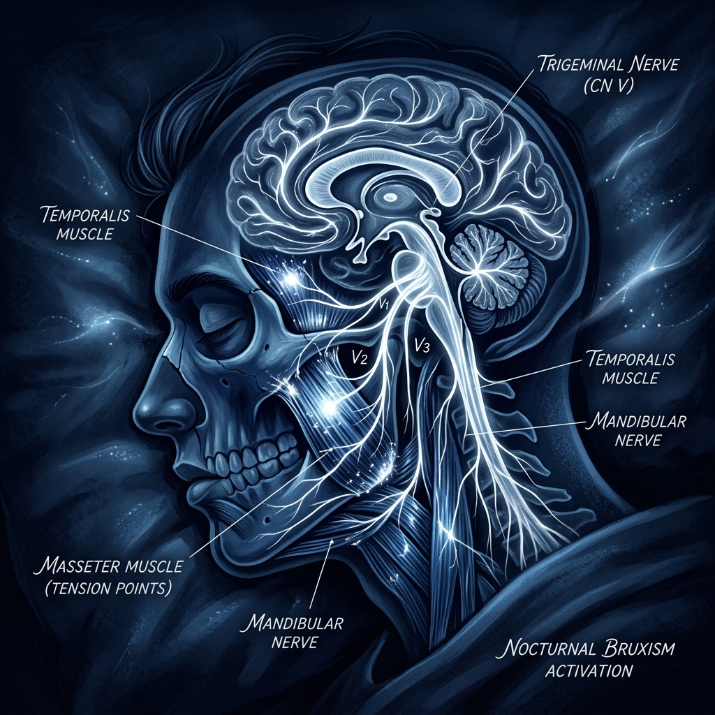 Ilustrația complexității neuromusculare și a nervilor cranieni care declanșează fenomenul de bruxism nocturn