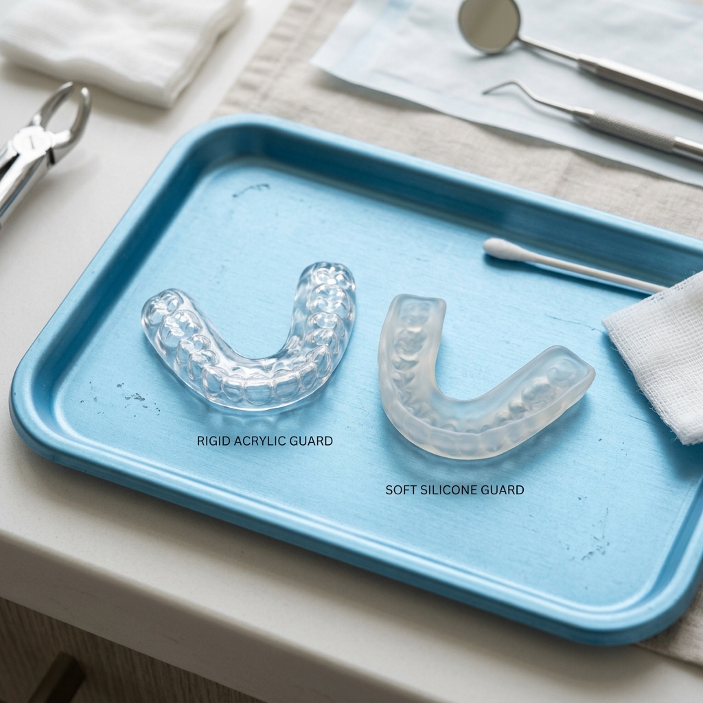Două gutiere pentru bruxism: una dură din acrilat și una moale din silicon, așezate pe o tavă stomatologică