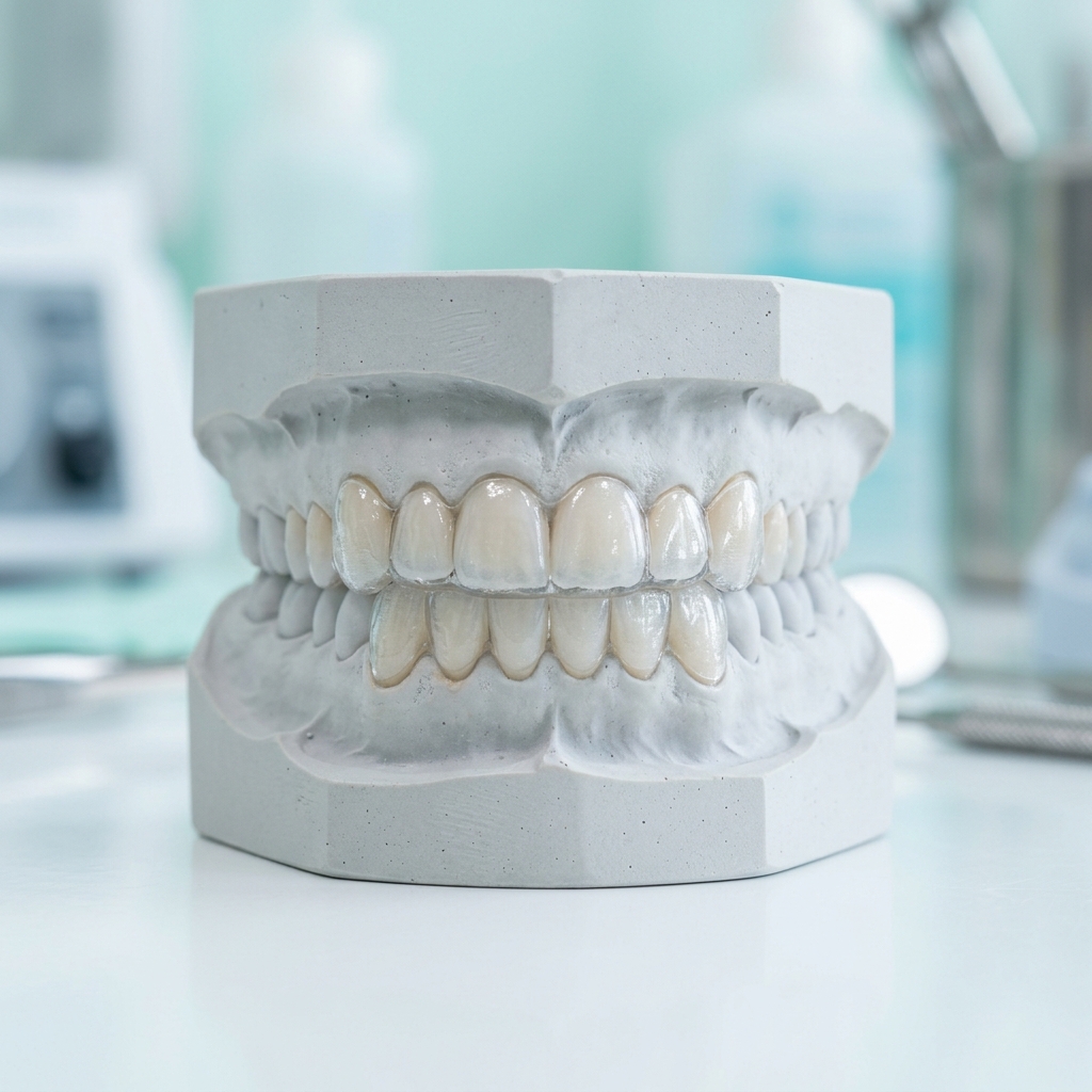 Model dentar estetic cu fațete dentare din porțelan protejate de o gutieră transparentă de bruxism
