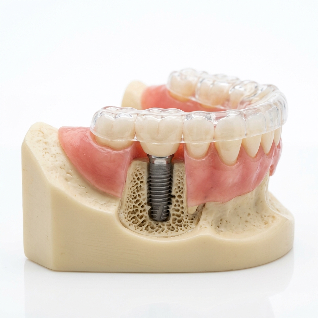 Model educațional de implant dentar integrat în os și protejat de gutieră ocluzală transparentă de noapte