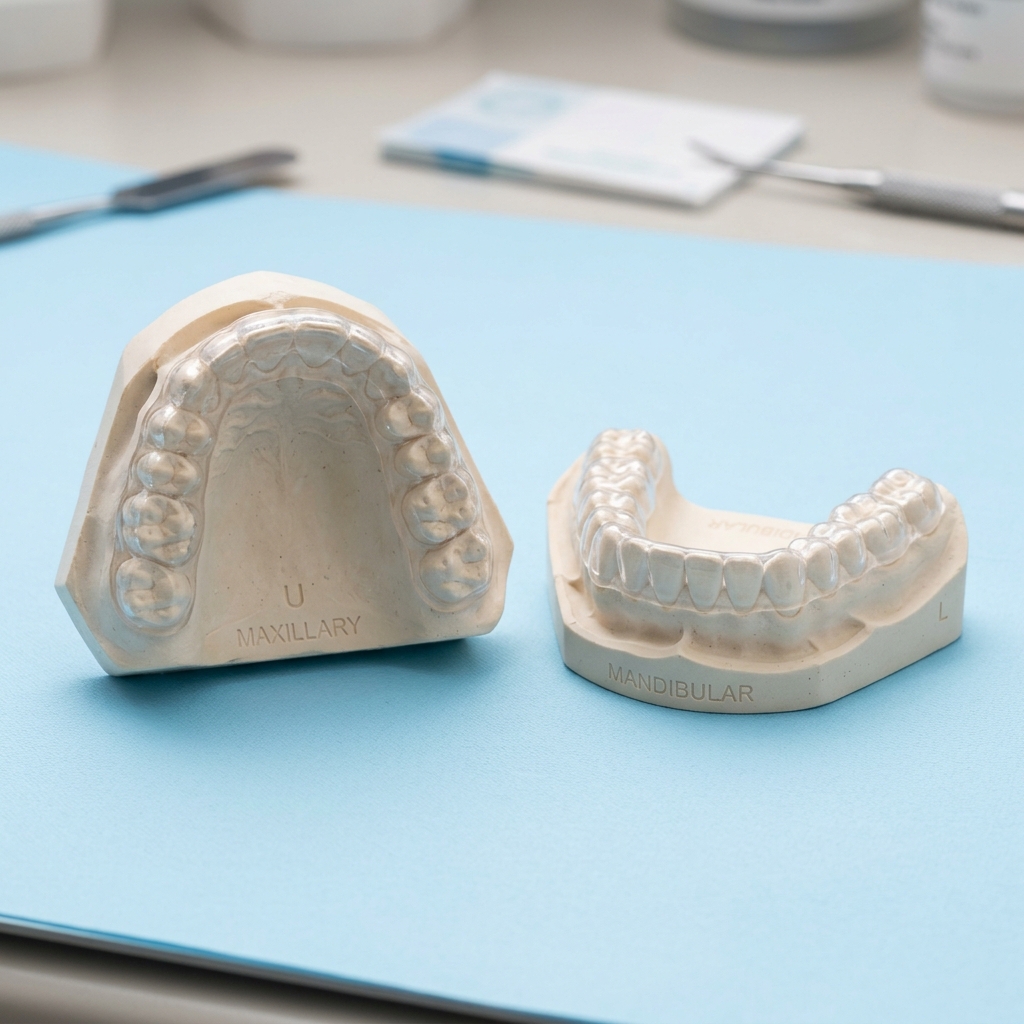Modele de ghips dentare cu gutieră pe arcada maxilară superioară și mandibulară inferioară