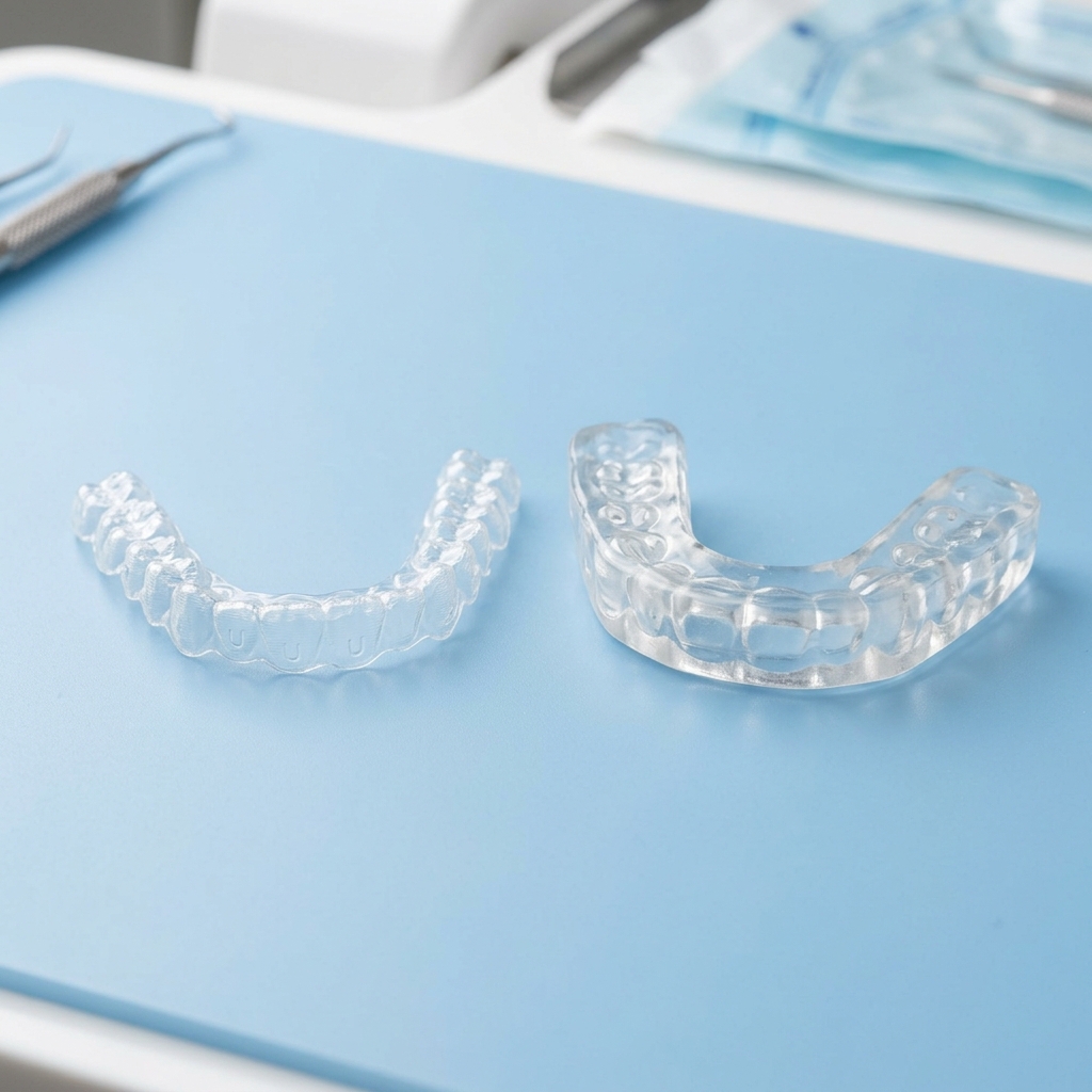 Comparație vizuală între un aligner ortodontic transparent subțire și o gutieră ocluzală robustă de bruxism