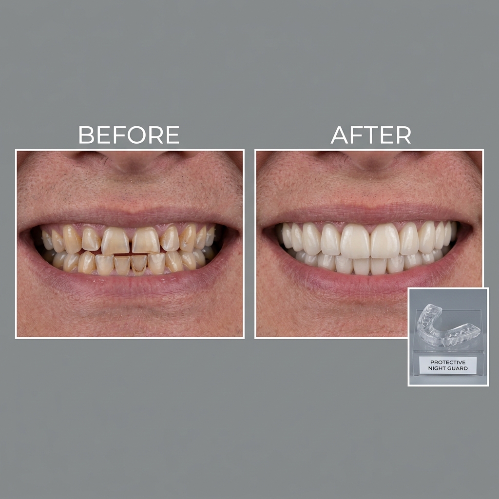 Transformare clinică înainte și după reabilitarea orală a dinților tociți de bruxism și gutieră de protecție