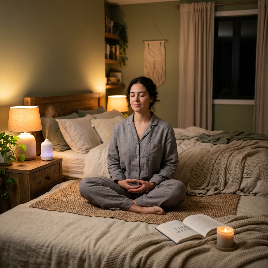 O persoană meditând într-un dormitor liniștit, reducând eficient nivelele cortizolului responsabil de declanșarea nocturnă a reflexelor maxilare